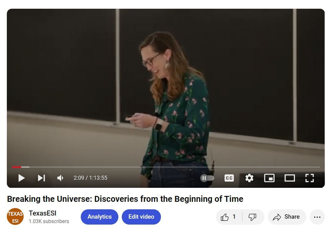 The talk recording for 'Breaking the Universe: Discoveries from the Beginning of Time' with Dr. Caitlin Casey is available now on the ESI YouTube: buff.ly/4cLvGD1 #HotScienceCoolTalks #HSCT #HSCT129 @astrocait