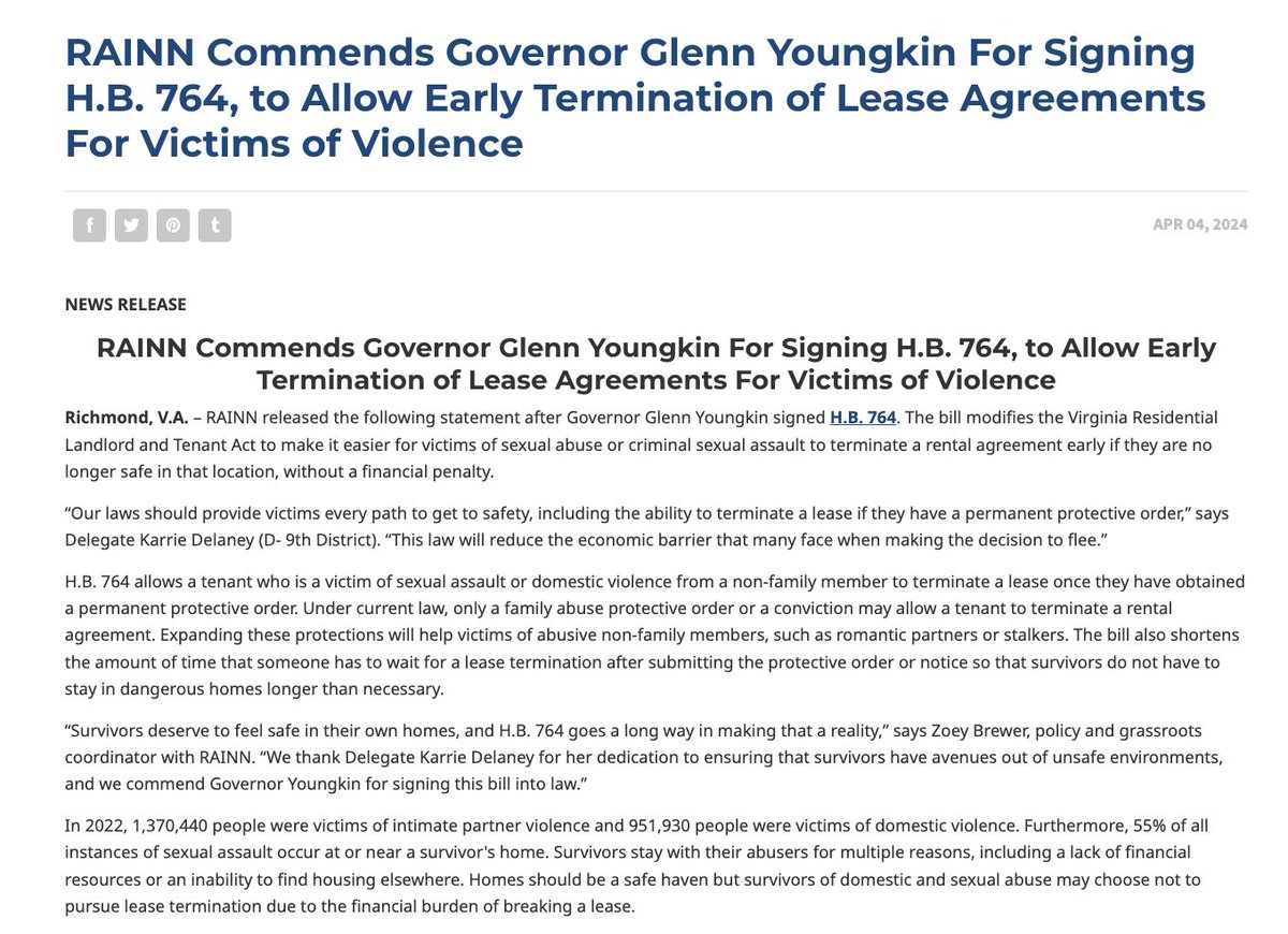 📰 RAINN Commends Governor Glenn Youngkin For Signing H.B. 764, to Allow Early Termination of Lease Agreements For Victims of Violence