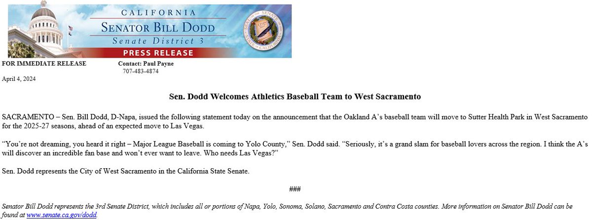 Sen. Bill Dodd clearly wants the A's to stay in West Sacramento, which is in his district, beyond 2027. He asks, "Who needs Las Vegas?" <a href="/MLB/">MLB</a> <a href="/OaklandAs/">Oakland Athletics</a> 
pressdemocrat.com/article/sports…
