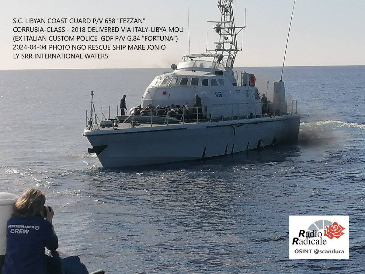 4⃣ Ecco la vedetta della c.d. guardia costiera libica che in acque internazionali 'ha sparato colpi di mitra' durante i soccorsi🚢#MareJonio 🇮🇹 🚢658 'Fezzan'☠️🇱🇾 Pattugliatore Corrubia (ex GDF 🇮🇹 G.84 'Fortuna') fornito dall'Italia nel 2018 📷4 aprile 📍OSINT Radio Radicale