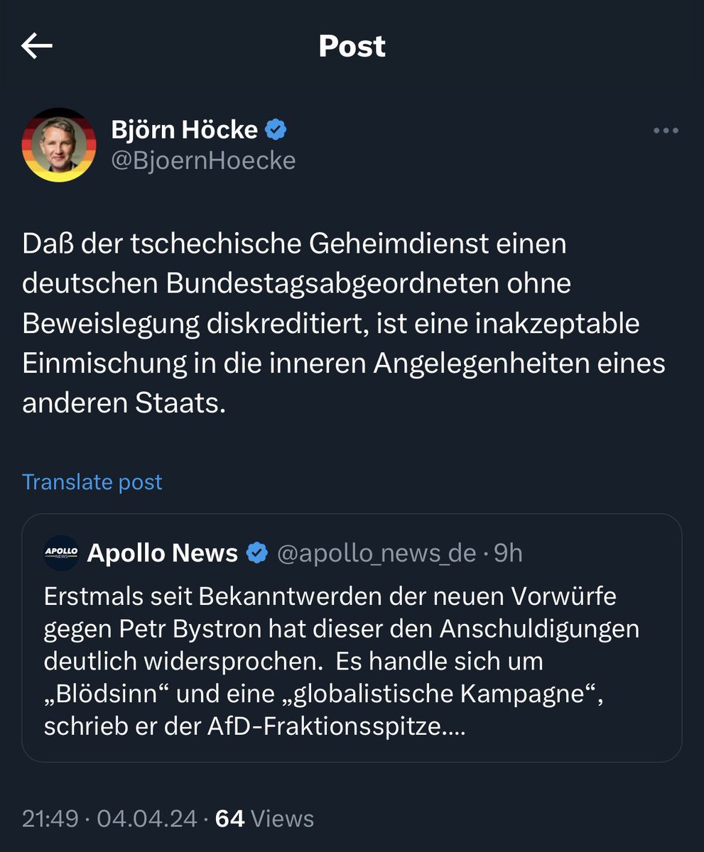 Interessante Tweet-Korrektur bei Björn Höcke: Vor 40 Minuten war das deutsch-tschechische Verhältnis noch schwer belastet, jetzt nicht mehr.
