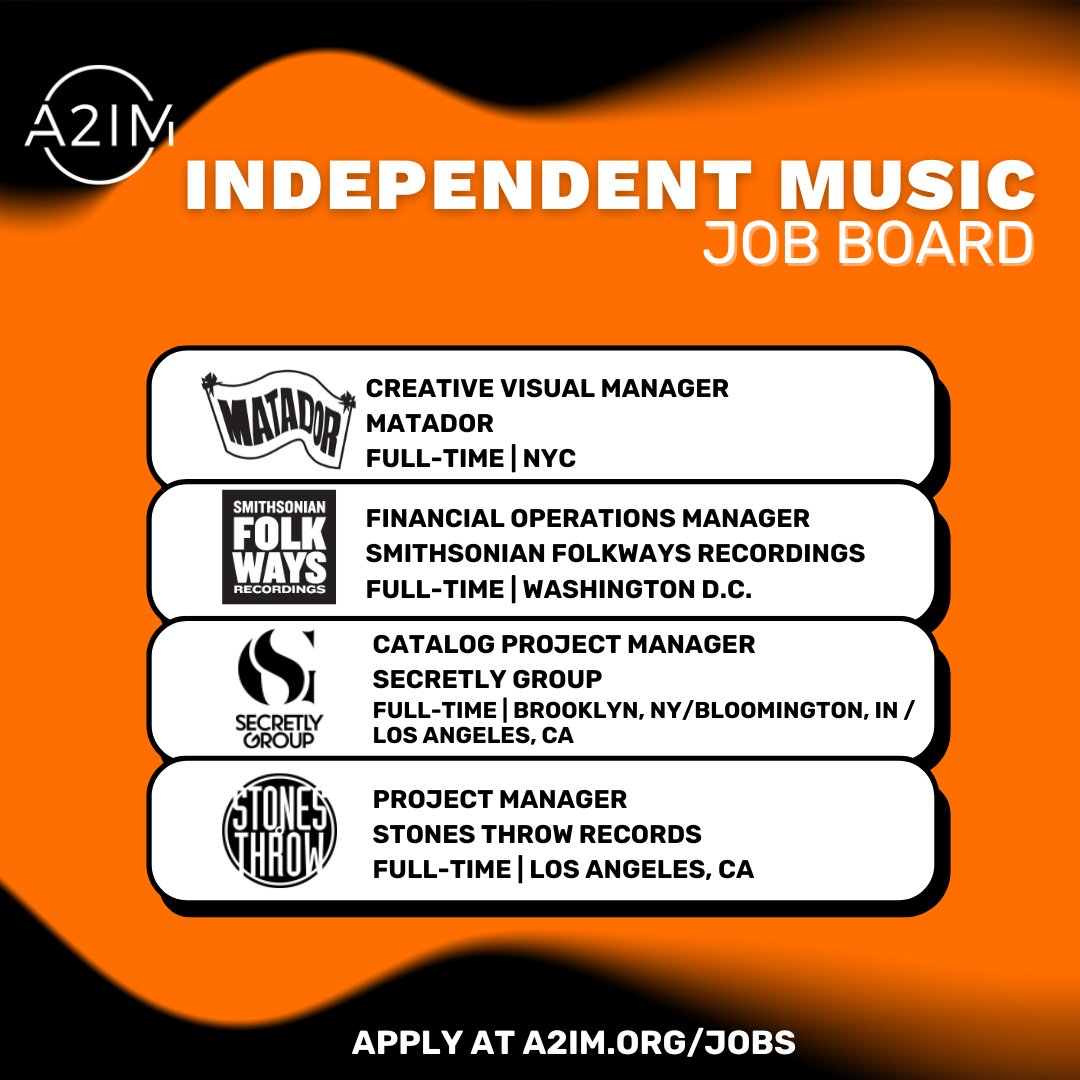 💿 A2IM Job Board Thursday! 🔗 Apply at a2im.org/jobs @matadorrecords @SecretlyGroup @SmithsonianFolk @stonesthrow