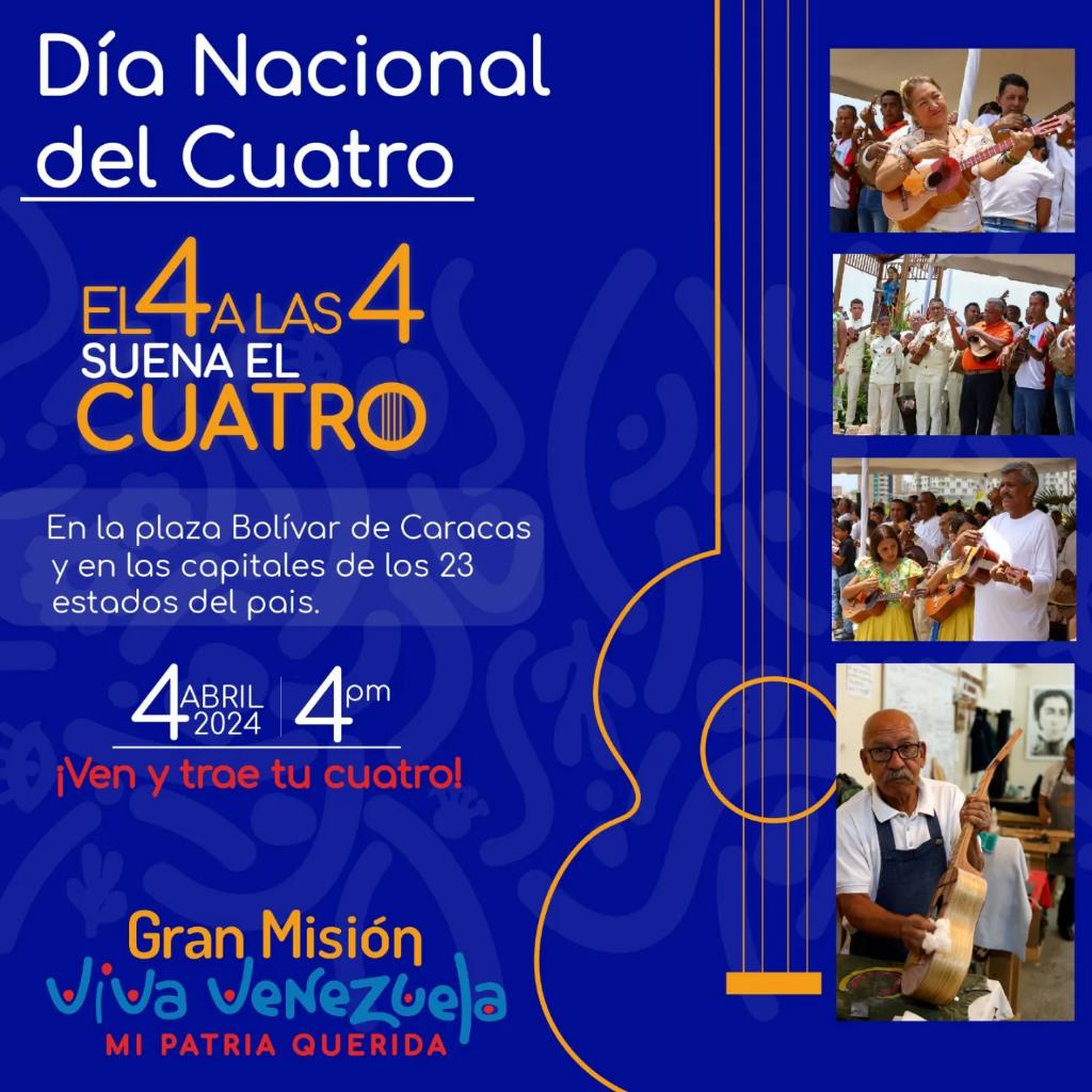 ✨¡Hoy 4 del mes 4 suena el cuatro✨ Por primera vez en Venezuela se celebra el Día Nacional del Cuatro, por decreto del presidente Nicolás Maduro, en reconocimiento a los cuatristas venezolanos y su invaluable contribución a la cultura del país. #VenezuelaAntiFascista