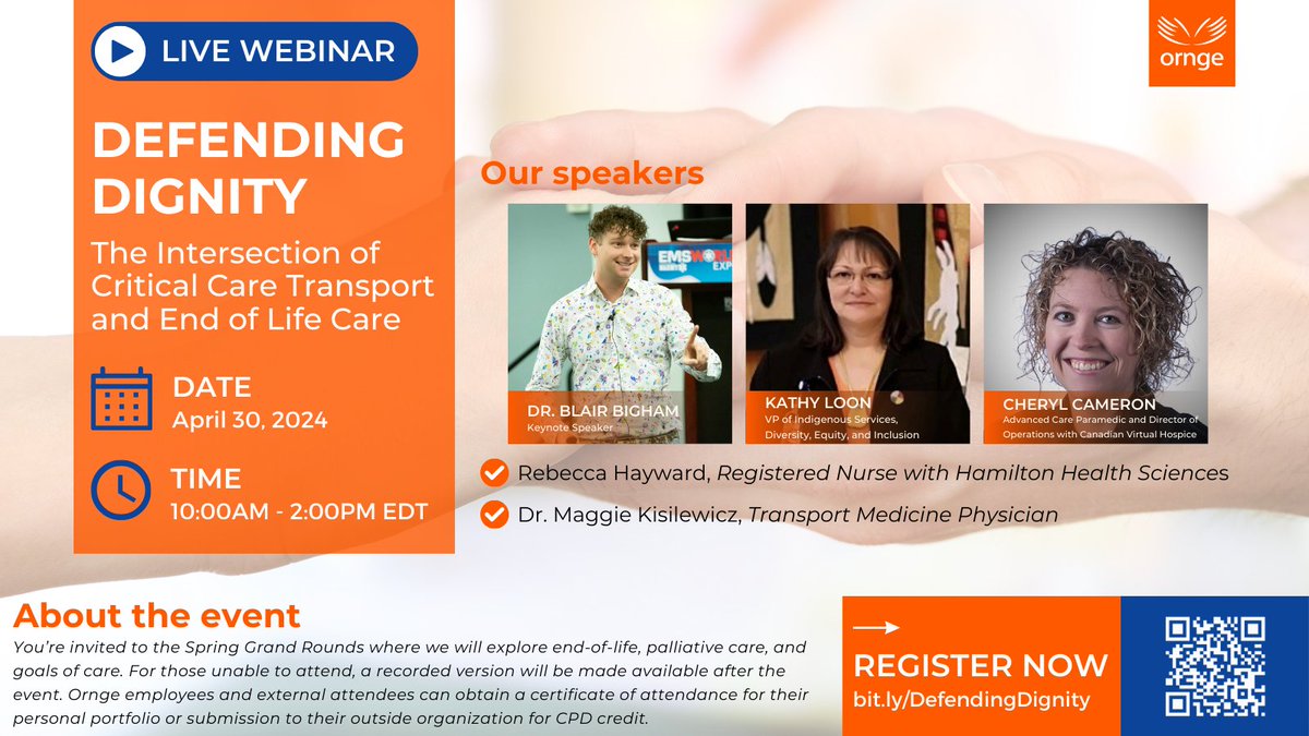 You’re invited to the Spring Grand Rounds where we will explore end-of-life, palliative care, & goals of care. Speakers include: + Dr. @BlairBigham + Rebecca Hayward + Kathy Loon + Dr. Maggie Kisilewicz + @cherylcookie21 Register now: bit.ly/DefendingDigni…