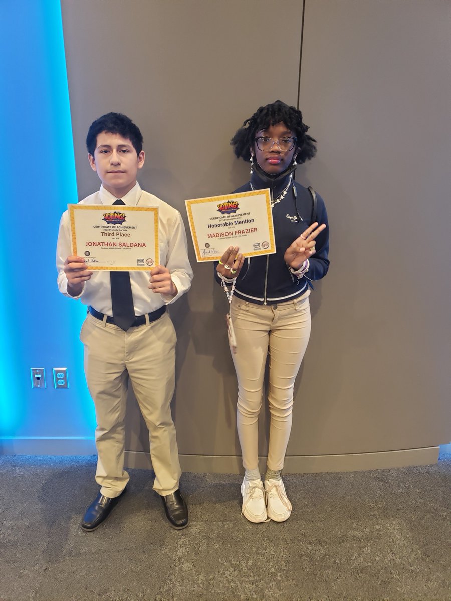 Congratulations to Cardozo Middle schoolers, Jonathan Saldana-Soriano and Madison Frazier for placing in the visual arts category in the 'Voting-The Power to Change the Future,' art contest at Two Mississippi Museums. Kudos to all winners 🌟 bit.ly/4azOlAh