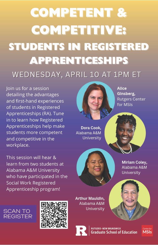 Maximize career success! Attend 'Competent & Competitive: Students in Registered Apprenticeships' on April 10th at 1 PM ET. ⬇️ Register now! 🔗 bit.ly/3TXPifQ #MSIsinRA #webinar #apprenticeship #futureofwork #RegisteredApprenticeships @jfftweets @aamue