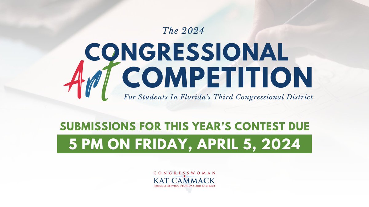 Today's the day! Submissions for the 2024 Congressional Art Competition are due today by 5pm. Please contact us in Gainesville at (352) 505-0838 with questions. We're looking forward to seeing the outstanding artwork from #FL03.