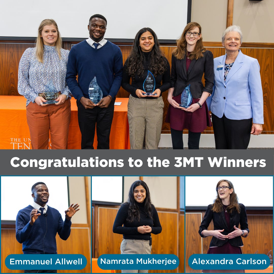 Join us in congratulating the 2024 3MT winners! Emmanuel Allwell received first place, Namrata Mukherjee received second place, Alexandra Carlson received third place, & Loren Foley was chosen by the audience as the People's Choice winner! Find more info @ tiny.utk.edu/3mt-final-awar…