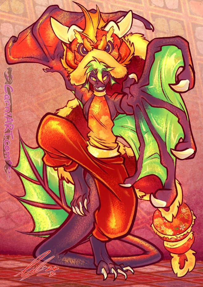 = The Splendor of Reds and Gold! =

Chinese Zodiac Year of the Dragon this year! 💛❤️🐲❤️💛
For @RiftwingDesigns Dragon-Dancing to herald in the #ChineseNewYear!

—
#CNY #YearoftheDragon #DragonYear #dragon #wyvern #RedandGold #anthroart #furry #furryart #furrycommission