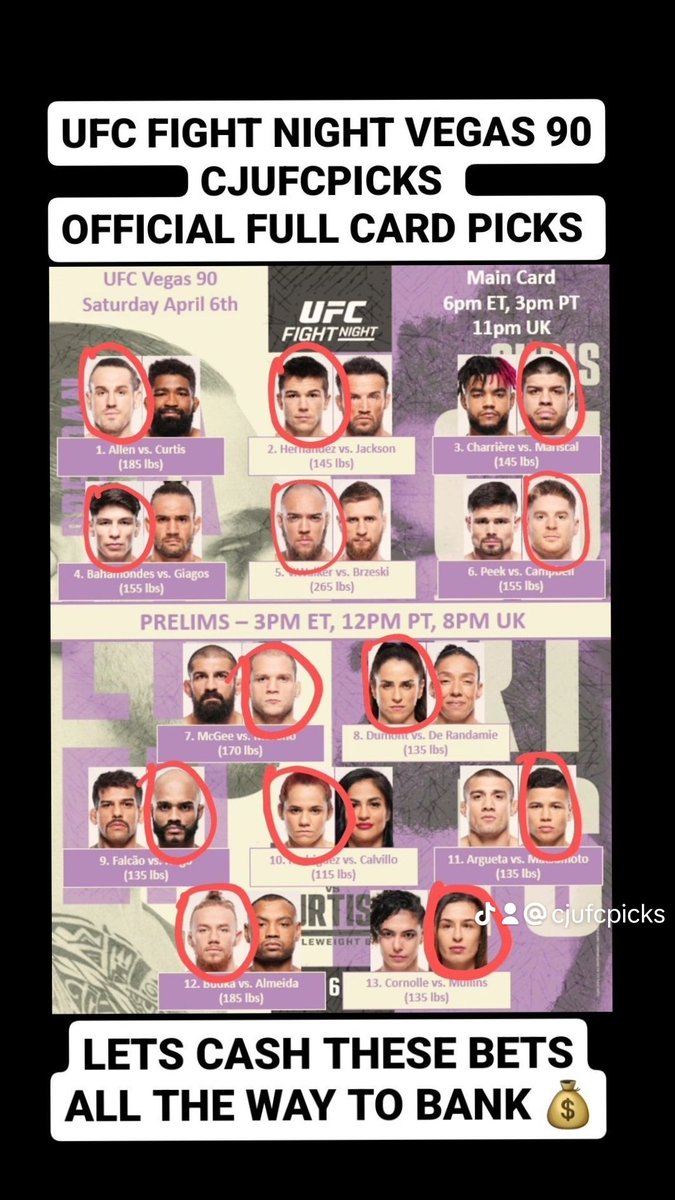 Official full card picks for UFC FIGHT NIGHT VEGAS 90! #MMATwitter #UFCVegas90 #UFCFightNight #brendanallen #allin #ufcpicks #ufcpredictions #ufcnews #ufcvideo #ufchighlights #ufcpodcast #mmanews #mmavideo #mmahighlights #fight #knockout #submission #tapout #fyp #cjufcpicks