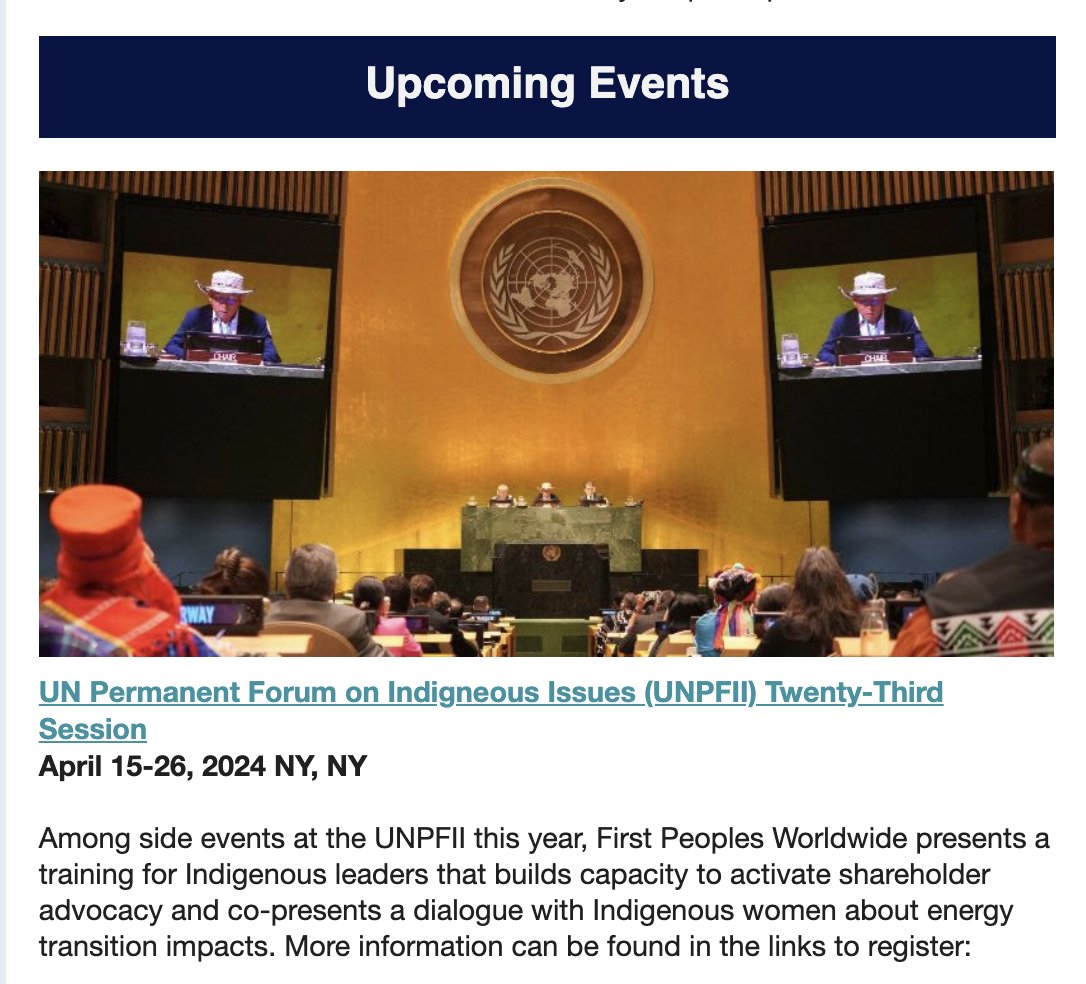 Green economy impacts on Indigenous Peoples, shareholder advocacy resources for Indigenous leaders, multiple side events at UNPFII 2024 and more. Read more in First Peoples Worldwide's Spring 2024 newsletter! mailchi.mp/colorado/first…