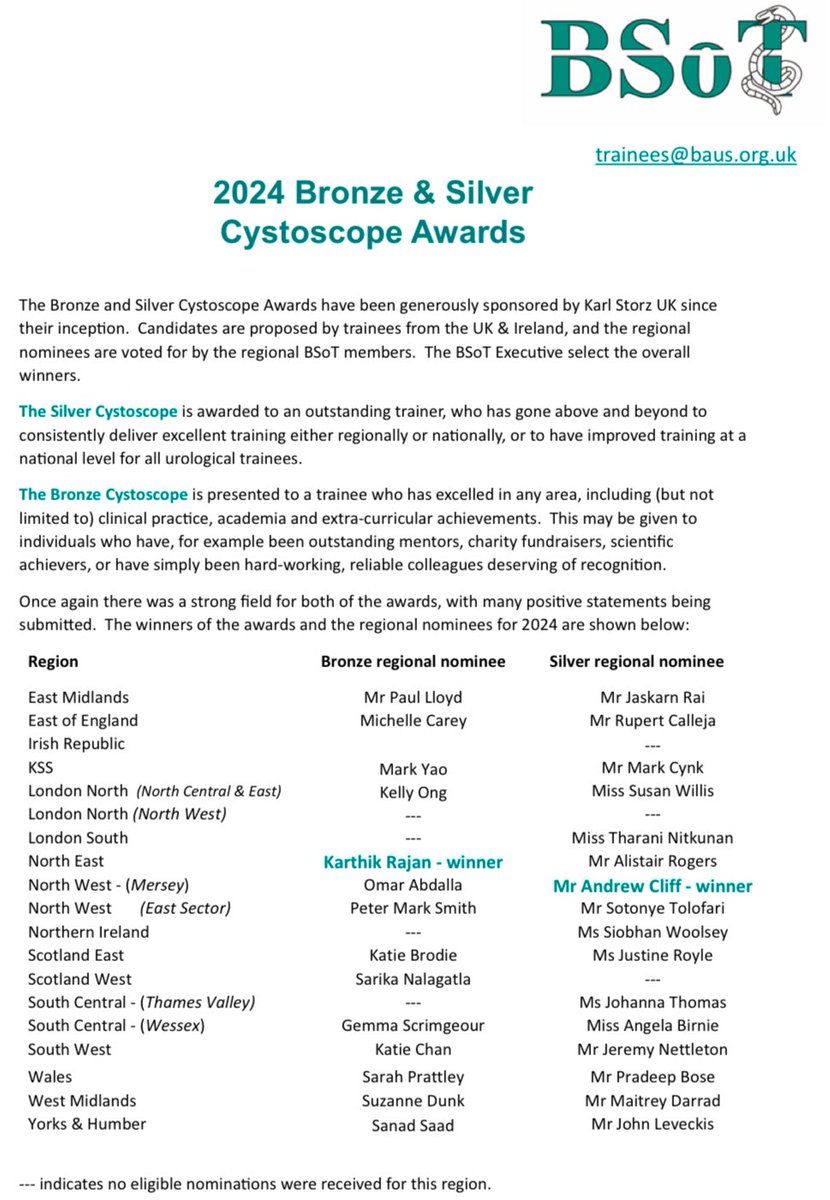 Huge CONGRATULATIONS to our @BSoT_UK Cystoscope Award Winners and Regional winners! Thank you to @KARLSTORZUK who have generously sponsored these awards 🎉 @BAUSurology ⭐️Bronze Cystoscope Winner: Karthik Rajan. ⭐️Silver Cystoscope Winner: Andrew Cliff.