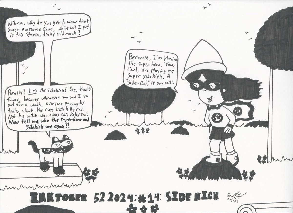The first #Inktober52 #comic for April is about 'Super-witch'  Wilma, alongside Carl, her trusty little kitty: Sidekick.

#inktober52Sidekick #inktober522024 #inktober2024 #Inktober #art #artwork #drawings #artoftheday #penandinkdrawing #minchopigmentliner #WilmaandCarl