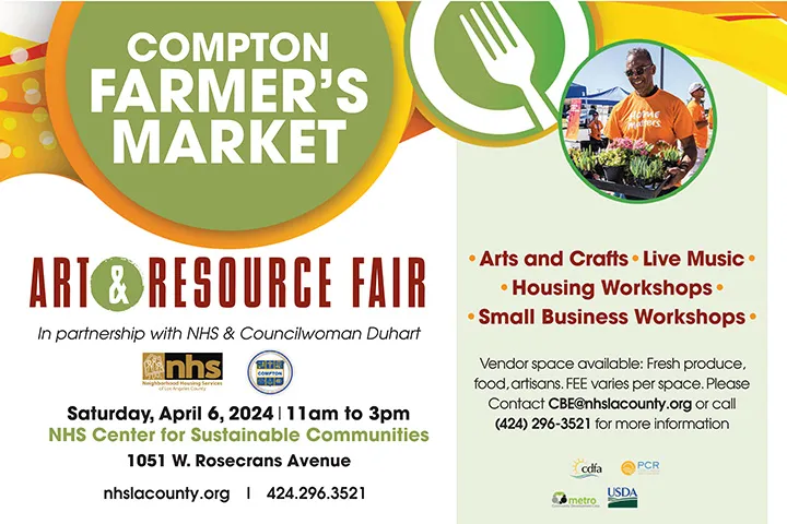 The @ComptonCityHall Farmer’s Market in partnership w/ Neighborhood Housing Services of LA County & Councilwoman Deidre M. Duhart will be hosting an Art & Resource Fair. @cssdla will be onsite to provide child support case assistance. #ComptonFarmersMarket #CityofCompton