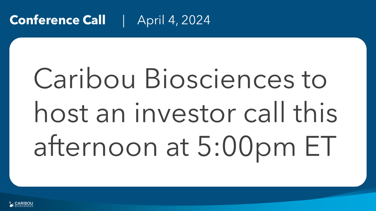 Caribou Biosciences will host an investor call this afternoon at 5:00 pm ET/ 2:00 pm PT to discuss our expansion into autoimmune disease and the GALLOP Phase 1 study design. A link to the webcast is available on the investor section of our website: bit.ly/3E0bqxd $CRBU