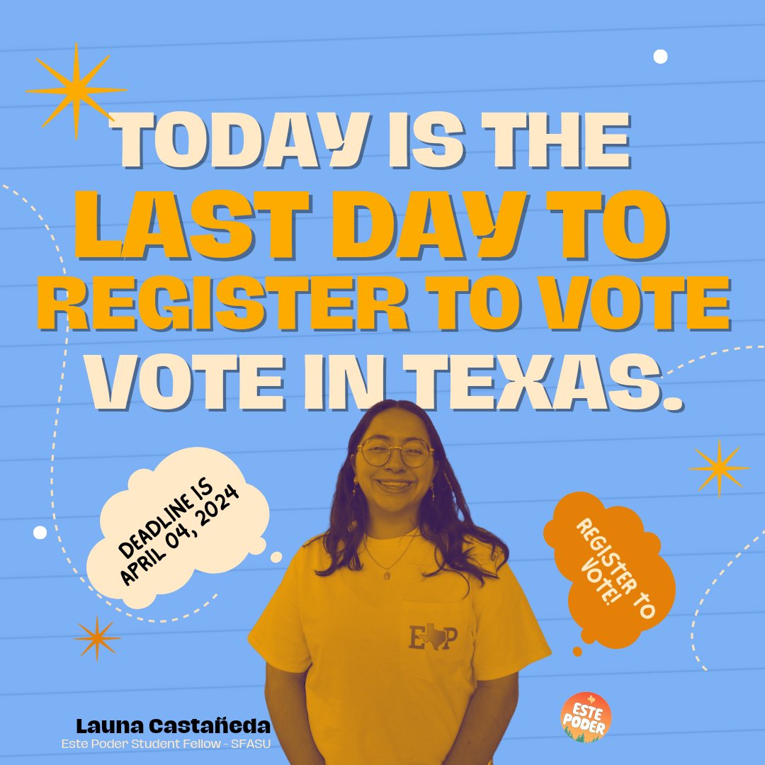 Estepoder903's tweet photo. Today is the last day to register to vote! 🤯😭Don’t worry, our lovely student fellows have you covered. Make sure to check out our stories for where to catch them today!💫

Check your registration status ➡️ 

⏰‼️YOU HAVE UNTIL END OF DAY https://t.co/9Z4uf9W43b