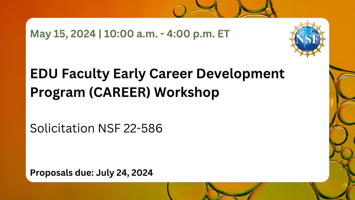 Calling all early-career faculty who conduct or plan to conduct research in #STEM education! 

Join <a href="/NSF/">U.S. National Science Foundation</a> on May 15 for a workshop tailored for prospective STEM education CAREER applicants. 

Register here: new.nsf.gov/events/edu-fac…