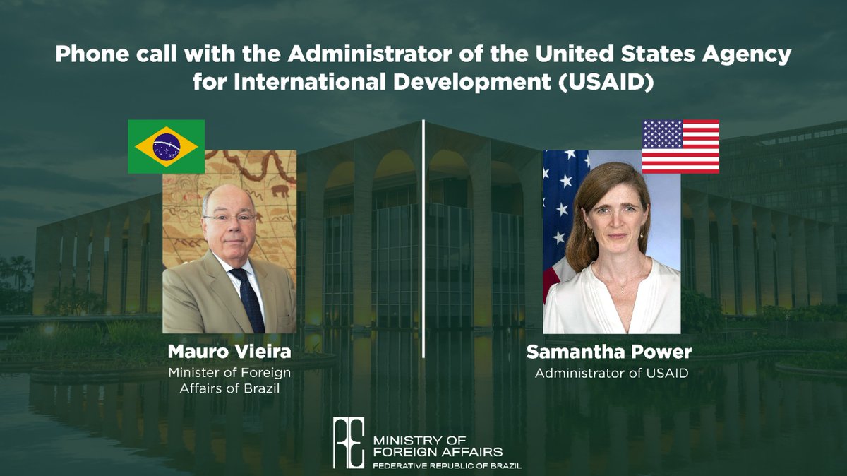 Today, Minister Mauro Vieira spoke with the Administrator of the 🇺🇸 Agency for International Development, Ambassador Samantha Power, on central issues for the Brazilian #G20 presidency such as #health, #education and #sustainable development. @USAID @PowerUSAID