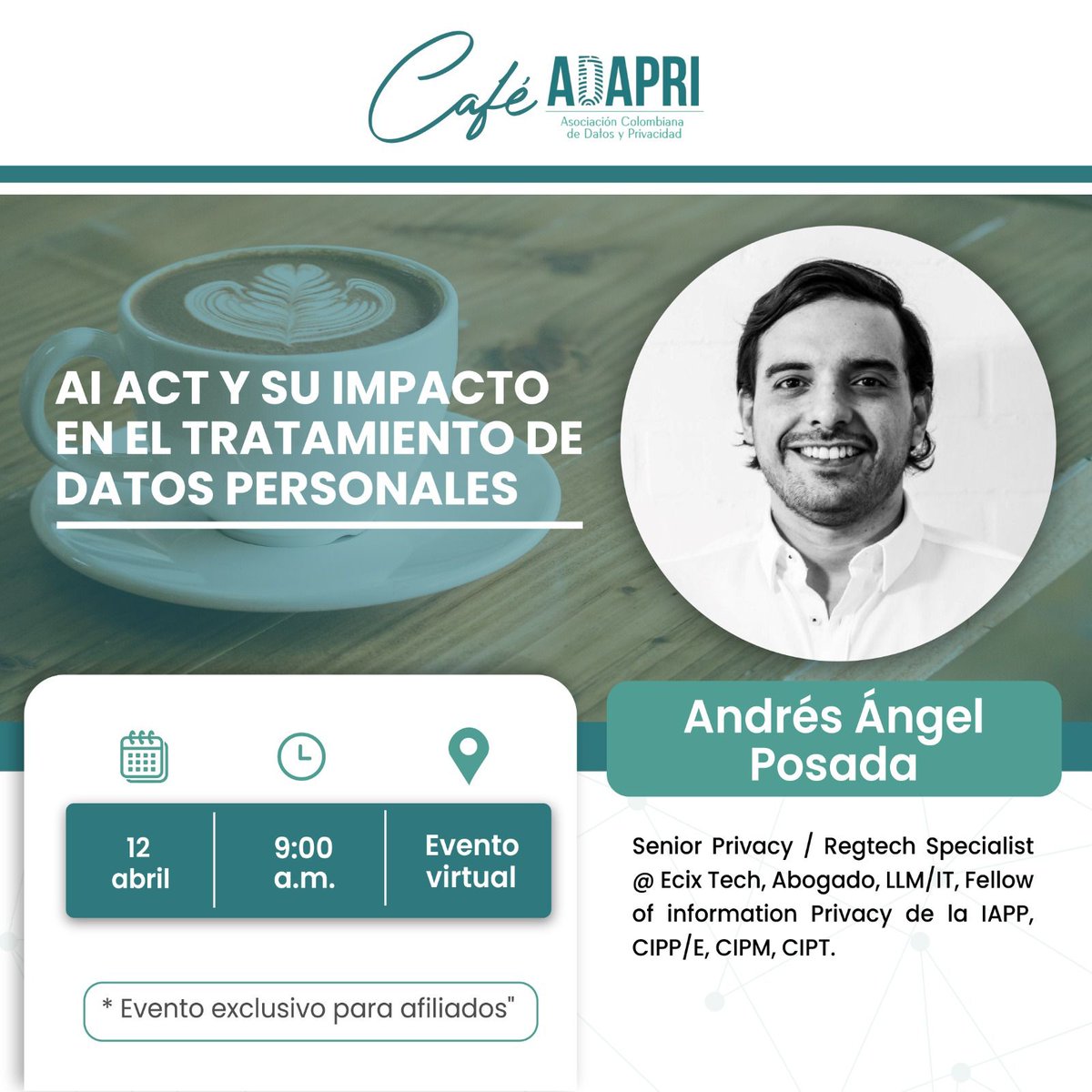 ADAPRICol's tweet photo. Te invitamos a nuestro próximo Café ADAPRI: AI Act y su impacto en el tratamiento de datos personales ¡Los esperamos! 🖥️ https://t.co/zgyA7AuI6V