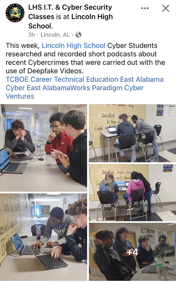 Cybersecurity students @lincolnhs learn from and educate peers on Cybercrimes committed using Deepfake Videos @DigitalPromise @TCBOE @jimmyhull_CTE @EastALWorks @GovernorKayIvey