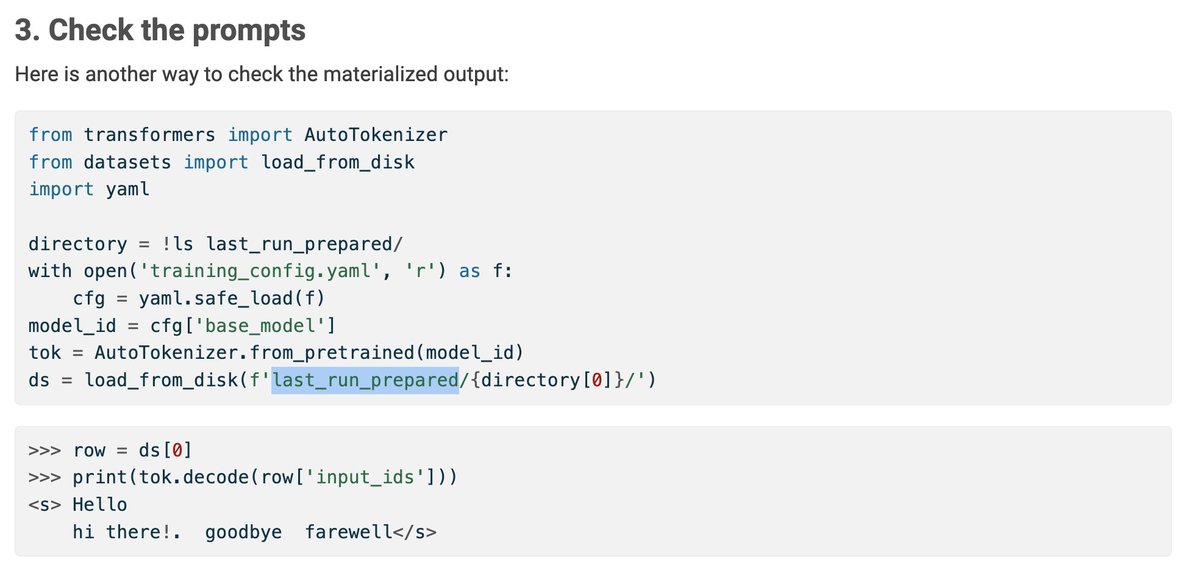 Early days for me in training some models with @axolotl_ai . Thanks @HamelHusain for starting more documentation. I was struggling to figure out what was in last_run_prepared directory for the pre-processed dataset, until I read this. openaccess-ai-collective.github.io/axolotl/docs/i…