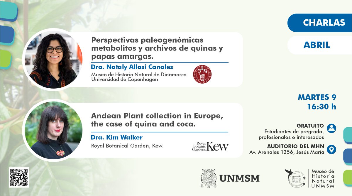 📢🔬🌱El Museo de Historia Natura de la UNMSM invita a la comunidad científica a participar del Ciclo de Charlas organizado por el Dpto. de Etnobotánica y Botánica Económica. 📅Día: Martes 9 de abril ⏰Hora: 4:30pm. 📌Lugar: Auditorio del Museo de Historia Natural de la UNMSM.
