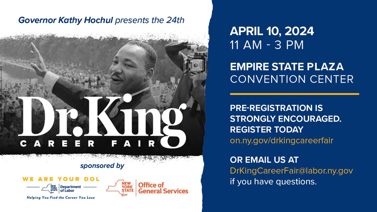 Save the date! 📅 The 2024 Dr. King Career Fair is coming to #EmpireStatePlaza Convention Center on April 10! 💼 Job Seekers ➡️ Register now to connect with over 170 local businesses! dol.ny.gov/dr-king-career…