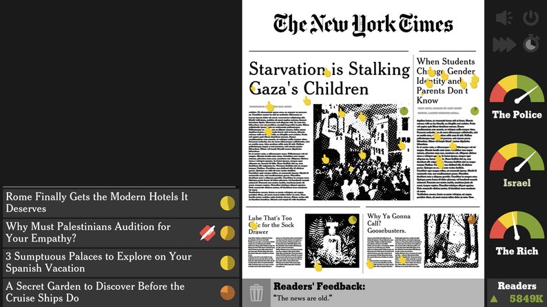 A new parody game is taking aim at bias in The New York Times’ coverage of Gaza. The simulator by @molleindustria often uses real headlines published over the past year. More here: niemanlab.org/2024/04/a-new-…