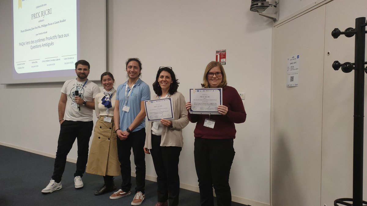 Félicitations à Soellie du laboratoire LIS et à @Pi_Erbacher (que je représente) de l’@ISIR_labo pour leur prix du meilleur papier #coria2024 ! 👏👏