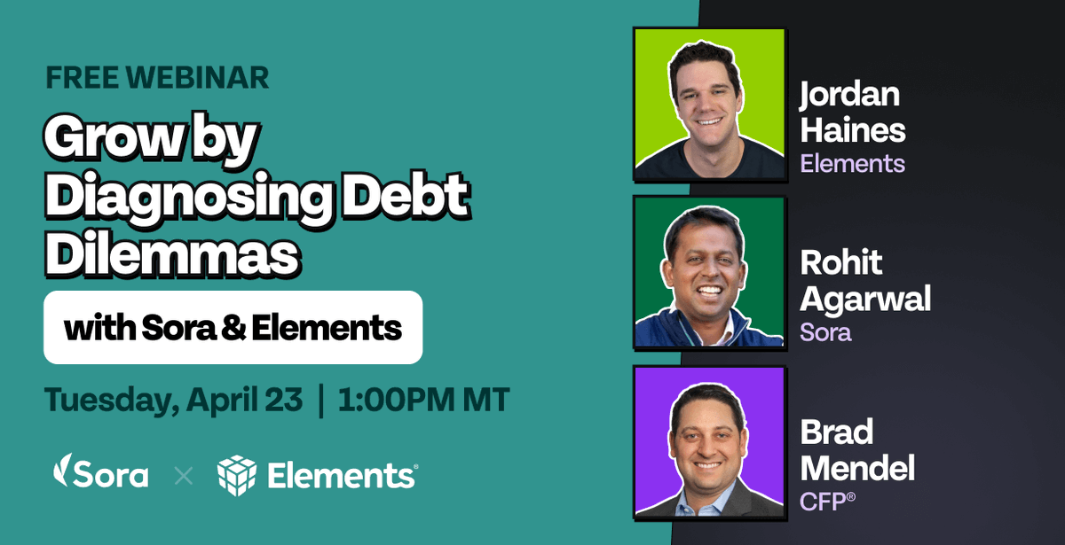 Discover how Elements and Sora can transform your debt optimization strategy. You'll learn to quickly identify clients with unhealthy debt and show immediate value with effective debt assessments. Join us: hubs.la/Q02rTjWn0 #fintech #fintwit #financialplanning