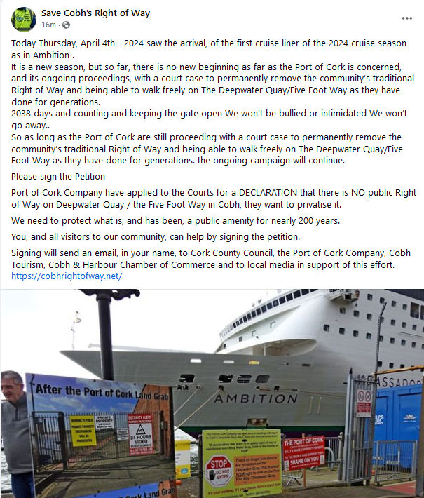 SaveCobh's tweet photo. Please sign the Petition
@PortofCork has applied to the Courts for a DECLARATION that there is NO public Right of Way on Deepwater Quay / the Five Foot Way in Cobh, they want to privatise it...#LE24 @Corkcoco
 #nolookingtheotherway 
. https://t.co/DdxsFAtK2d https://t.co/xaTdll2TNz