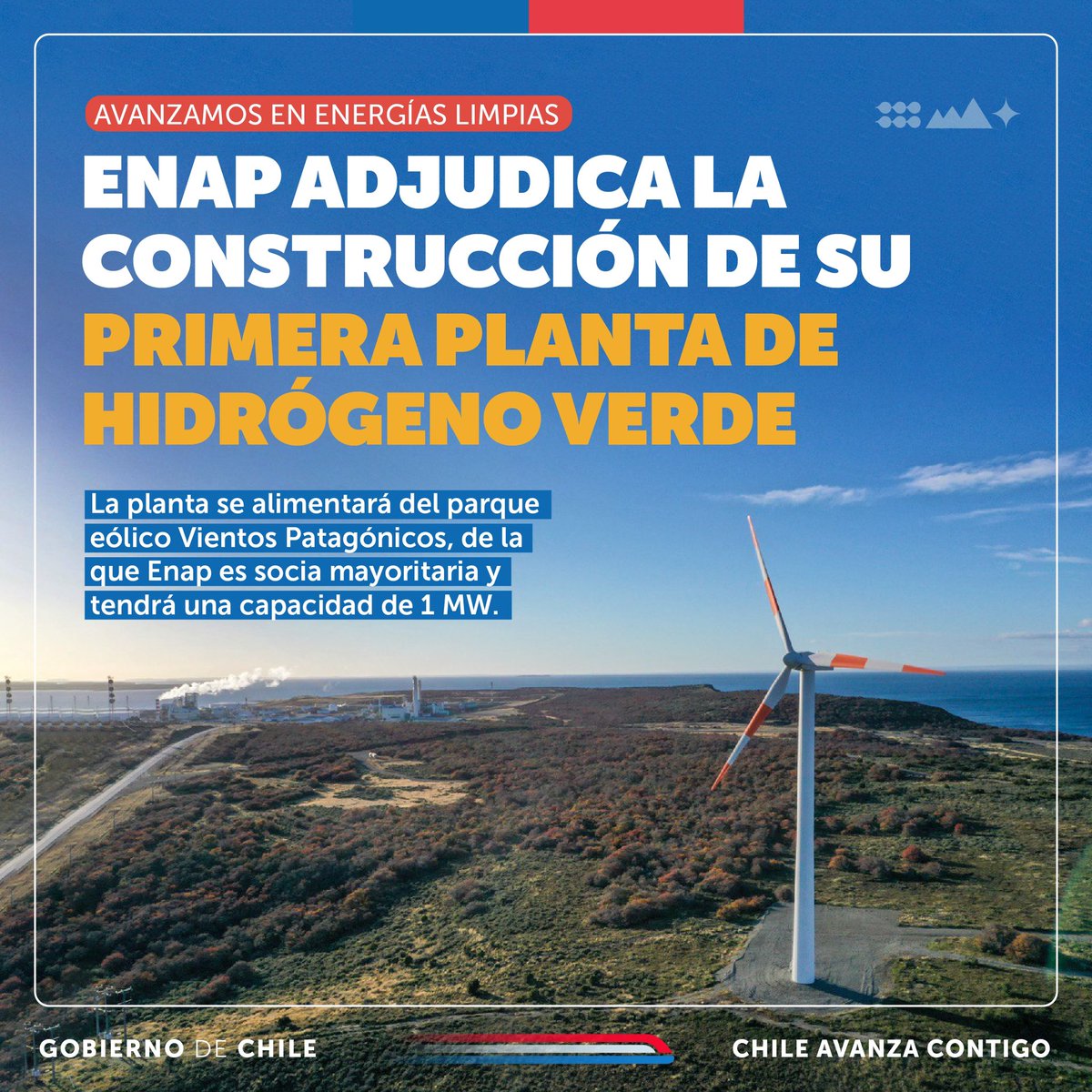 ENAP será la primera empresa en producir hidrógeno verde como producto final en Magallanes. ⚡️🍃

Seguimos avanzando en el desarrollo sostenible de esta industria, que nos permitirá impulsar #MásInversión y generar nuevos empleos.