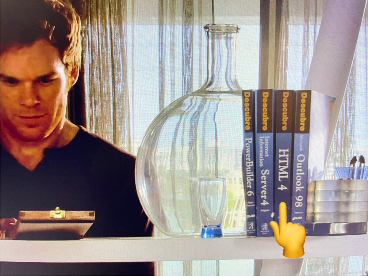 schalkneethling's tweet image. I am watching the first season of Dexter again and look what I discovered on his shelf. 😃 #HTML4