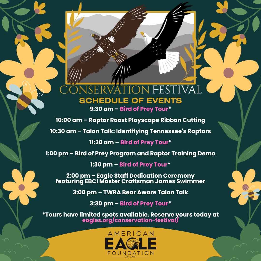 Just two days left until #Conservation #Fest!
As you can see, we've got a lineup of fantastic events and experiences. Please note: our guided tours have limited spots available, so don't forget to reserve your spot.

Learn more at eagles.org/conservation-f…