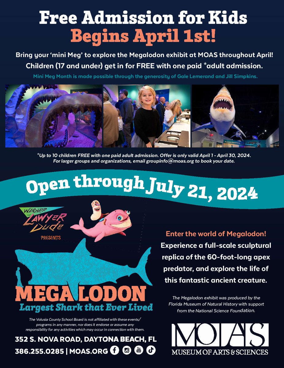 Volusia County Schools (@volusiaschools) on Twitter photo 🦈 Dive into an adventure at <a href="/MOASdaytona/">MOAS Daytona Beach</a> this April! Thanks to the generosity of our partners Gale Lemerand and Jill Simpkins, students (17 and under) can explore the fascinating world of Megalodon: The Largest Shark that Ever Lived for FREE (with one paid admission). 🦈 Dive into an adventure at <a href="/MOASdaytona/">MOAS Daytona Beach</a> this April! Thanks to the generosity of our partners Gale Lemerand and Jill Simpkins, students (17 and under) can explore the fascinating world of Megalodon: The Largest Shark that Ever Lived for FREE (with one paid admission).