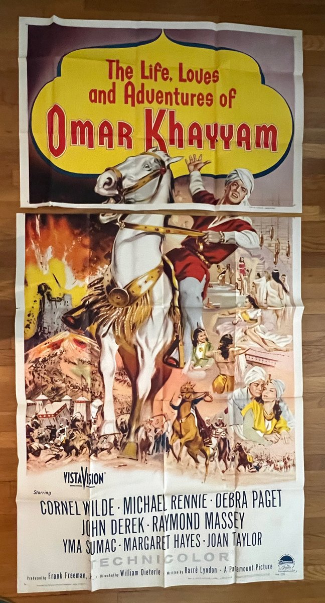 U.S. three-sheet posters (41x81) are generally printed on two separate panels which are then butted together to present as one large poster. Here's a three-sheet for OMAR KHAYYAM, showing the two sheets side by side. @movieartaustin we have many large-format posters