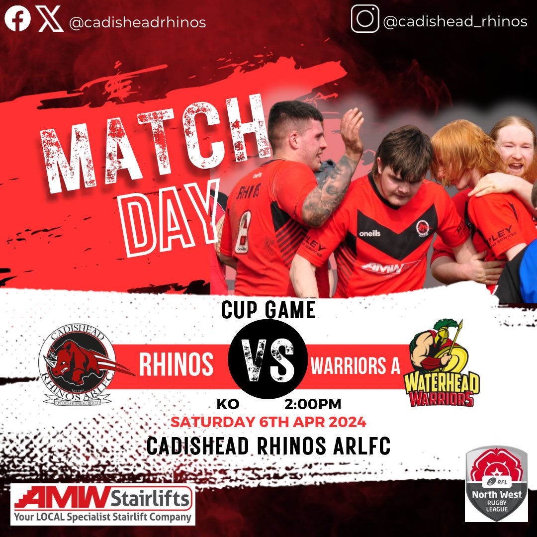 Hope you all had a good Easter weekend! We are back in action this Saturday for a Cup Game at home, as we take on @WaterheadARLFC A. RHINOS vs WARRIORS A 🗓️Sat 6th April ⏰ 14:00 📍M44 5EH Sponsored by @AMWStairlifts #321Rhinos #CommunityClub #rugbyleague