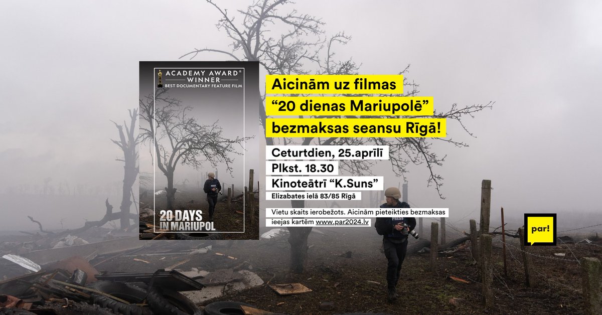 KustibaPar's tweet image. Aicinām uz unikālu, bezmaksas "Oskarotās", labākās 2024. dokumentālās filmas "20 dienas Mariupolē" seansu kino "K.Suns" Rīgā, 25. aprīlī. 

Reģistrējies laikus, vietu skaits ierobežots! 
➡️fb.me/e/BMFw2lEBh