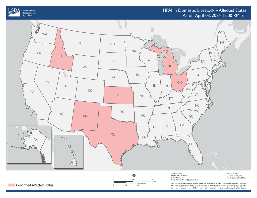 The @USDA is closely tracking #H5N1 #flu in the dairy industry, and it's turning up in a very dispersed pattern across the USA. States w/confirmed cases since March 25: TX, KA, MI, NM, ID, OH. aphis.usda.gov/livestock-poul…