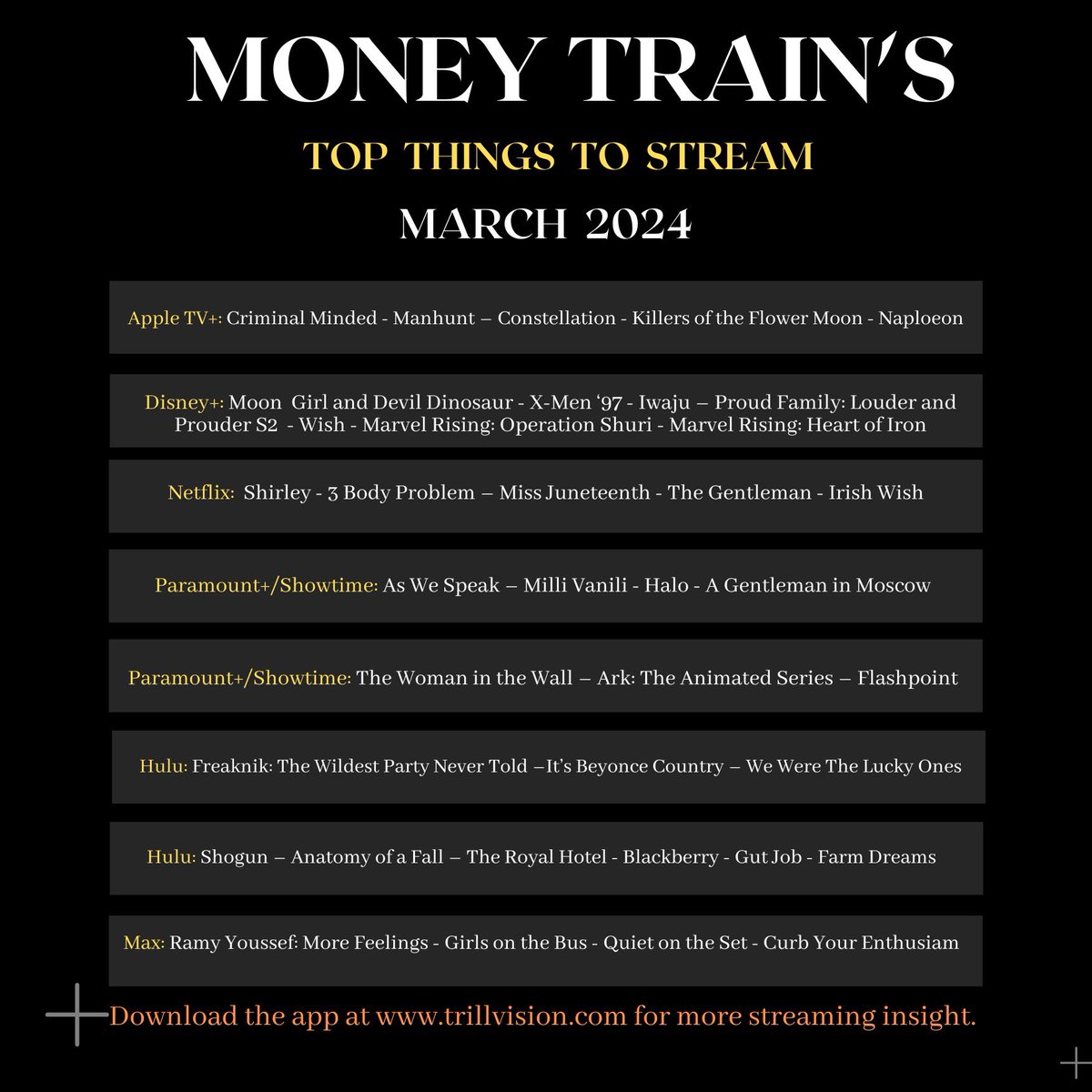 TRILLVISION's tweet photo. Here is our latest streaming guide!  Did we miss any great movies or shows to stream this month? https://t.co/O1RdHfTNzo