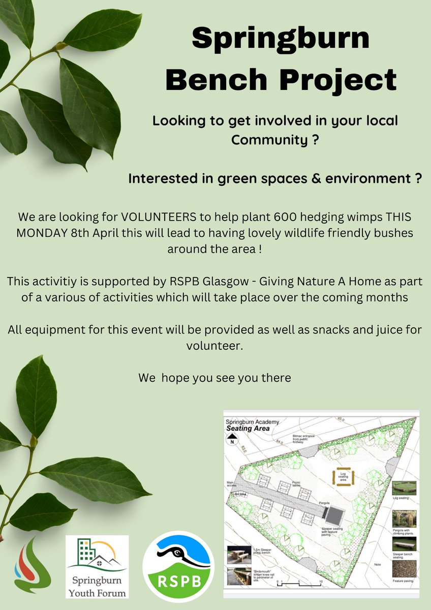 Looking to get involved in a local Green Space in your area ?

Work is well underway on the Springburn Bench Project, this Monday 8th April is our first planting event !

We are looking for volunteers to come along and help with planting hedging wimps, all equipment provided!