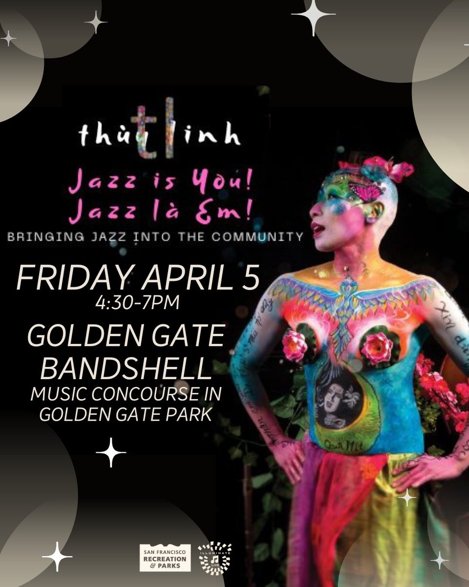 Ease into the weekend with free live music from thùy linh with Jazz is You! Jazz là Em! quartet at the Golden Gate Bandshell tomorrow, Friday, 4/5. Bring your favorite friends, food, pets, and beverages, and enjoy this FREE show from 4:30-7pm. @recparksf