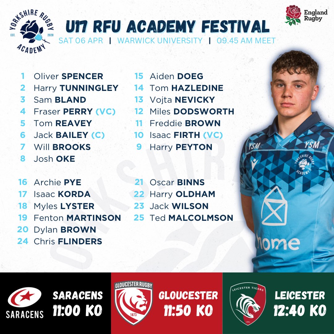 Academy coaches have selected a 25-man U17 squad to attend the annual <a href="/EnglandRugby/">England Rugby</a> &amp; <a href="/premrugby/">PREM Rugby</a> Academy Festival at Warwick University this Saturday

The squad, lead by Jack Bailey, will play <a href="/Saracens/">Saracens Rugby Club</a> <a href="/gloucesterrugby/">Gloucester Rugby 🍒</a> <a href="/LeicesterTigers/">Leicester Tigers</a> in a festival format. 

#WeLeaveBetter