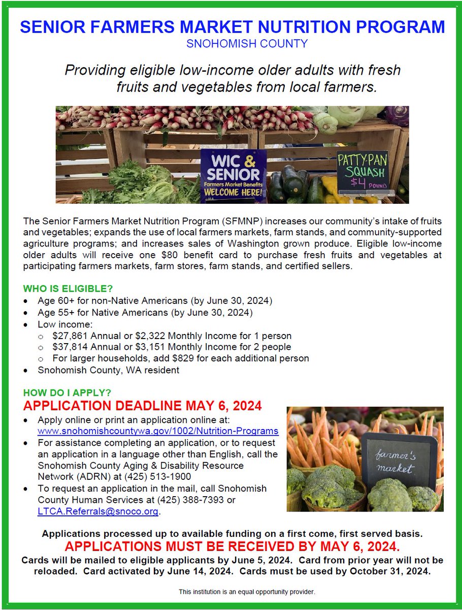 Apply today for our Senior Farmers Market Nutrition Program! This program provides eligible low-income seniors with a free $80 benefit card to purchase fresh fruits and vegetables at participating farmers markets, farm stores, and farm stands. Application deadline is May 6, 2024.…