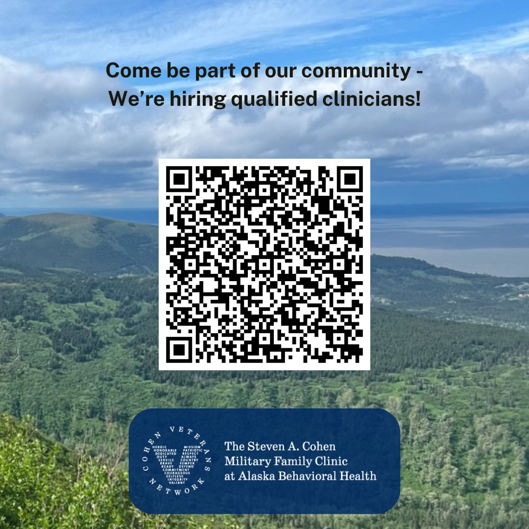 Our Cohen Military Family Clinic is hiring licensed clinicians!  The Cohen Clinic offers short-term, evidence-based treatments for military-affiliated families. Check out our job postings loom.ly/AjFZtT8

#mentalhealth <a href="/CohenClinicAK/">Cohen Clinic at Alaska Behavioral Health</a>
