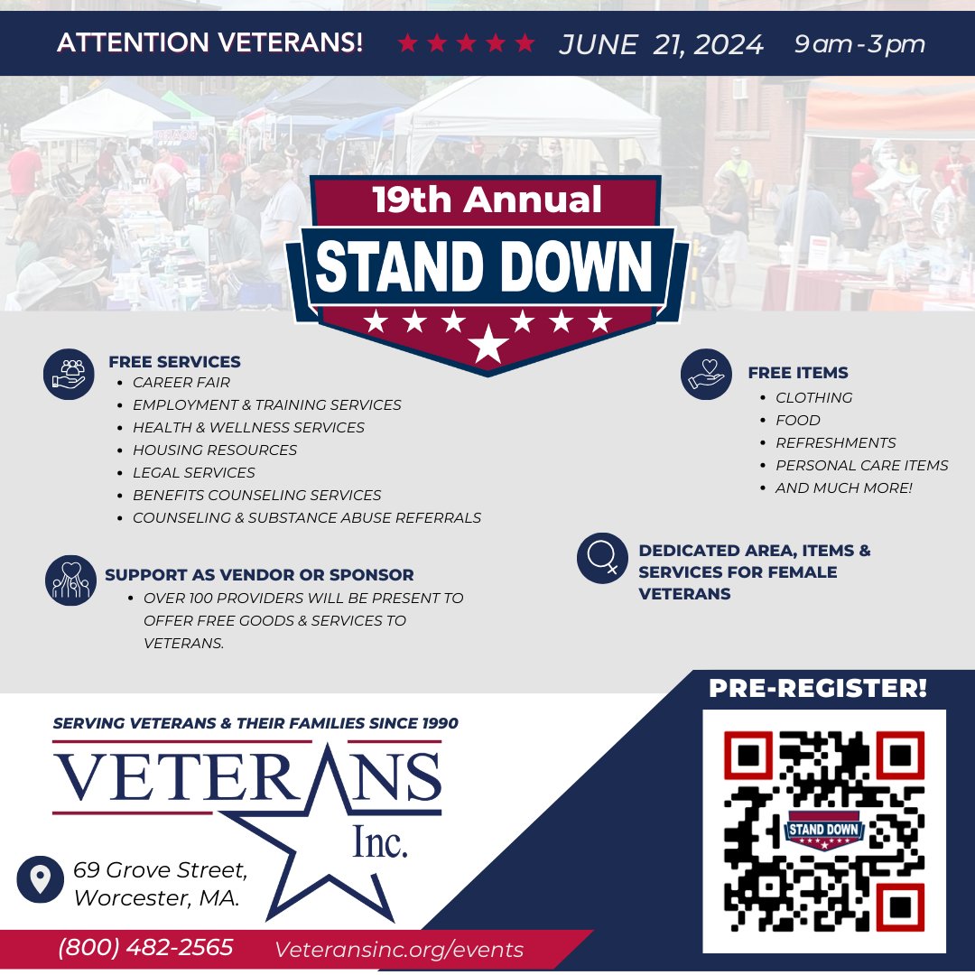 Join us for the 19th Annual Stand Down! The Stand Down Initiative, connects Veterans with the resources they need to live healthy & fulfilling civilian lives with over 100 service providers ready to accommodate our Veterans’ needs. veteransinc.org/events/stand-d…