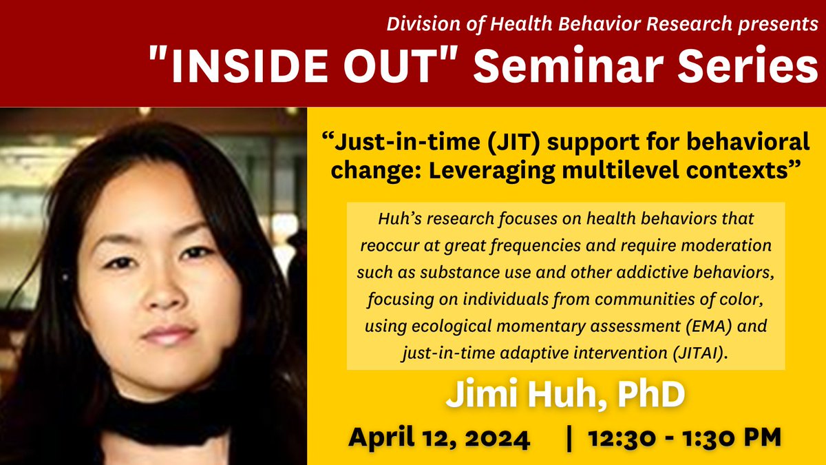 SEMINAR: @USC_HBR invites you to a seminar where faculty member Jimi Huh, PhD, will present on Just-in-Time support for behavioral change: leveraging multilevel contexts. ✅Register here: keck.usc.edu/calendar/event… 🗓APR 12 | 12:30 PM (PT)