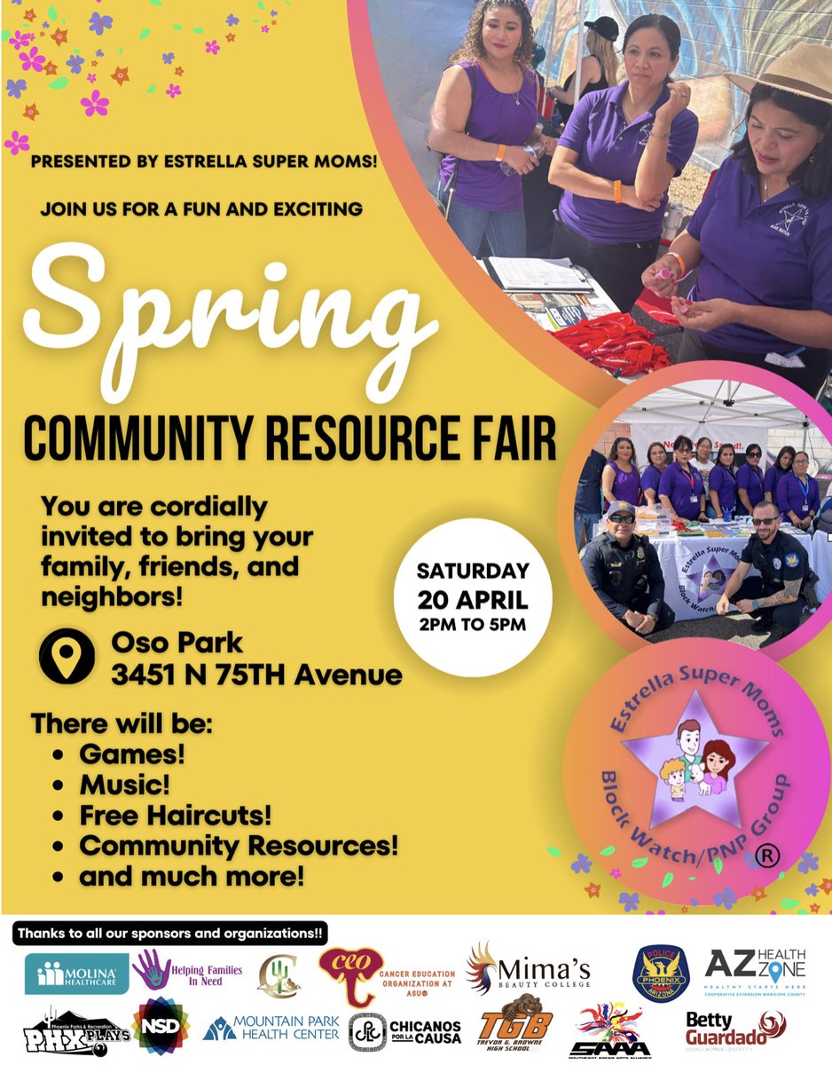 Spring is in the air, and so is our Community Resource Fair! 🌸🌿🌼 Join us at Oso Park on April 20th to enjoy games, music, free haircuts, and learn about the community resources available to you 👥 💫 🗓️ April 20th, 2PM - 5PM 📍 Oso Park, 3451 N 75th Ave #phxplays #community