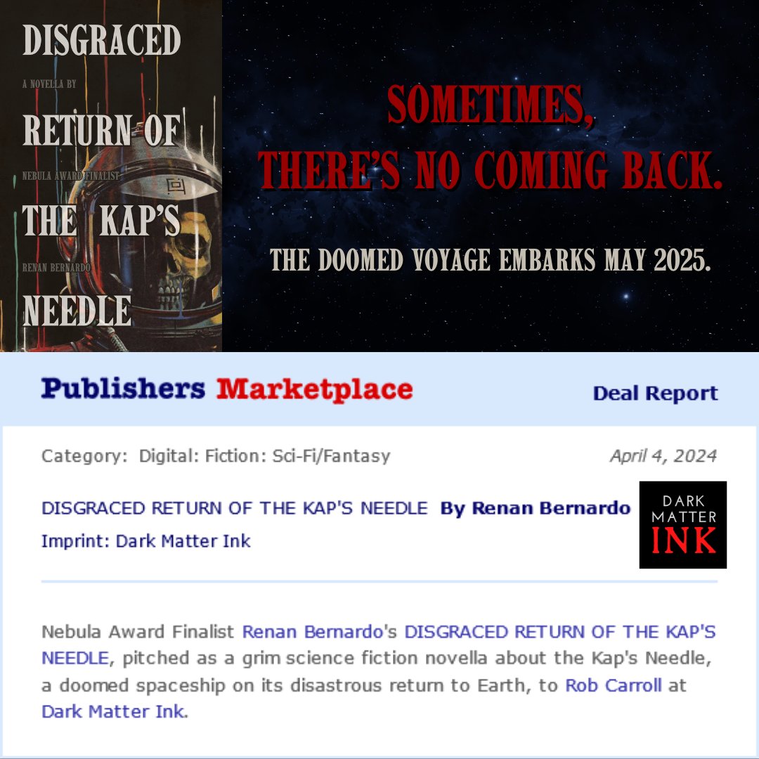 We're proud to announce the acquisition of dark sci-fi novella, DISGRACED RETURN OF THE KAP'S NEEDLE, by Nebula Award Finalist @RenanBernardo, for publication in May of 2025. Sometimes, there's no coming back. Cover art by @artofolly.