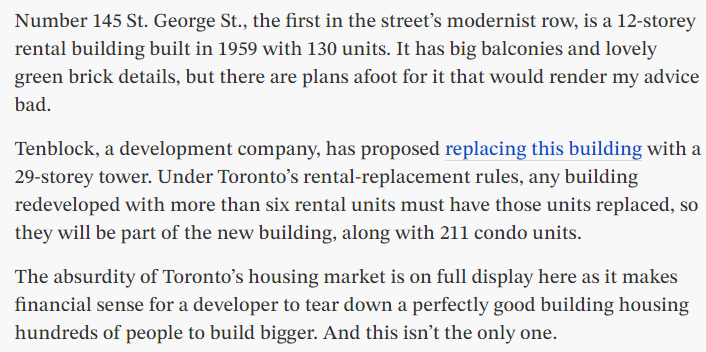 The problem with not allowing density adjacent to currently zoned "apartment neighbourhoods" is that it causes adverse reactions such that we end up tearing down great, and relatively affordable buildings. The environmental and human cost of this is high.  tinyurl.com/2hrfnvas